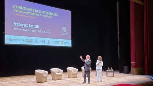 Evento al Teatro Grande di Brescia "L'orizzonte di sostenibilità della Lombardia orientale" del 21 maggio 2025. Francesco Castelli